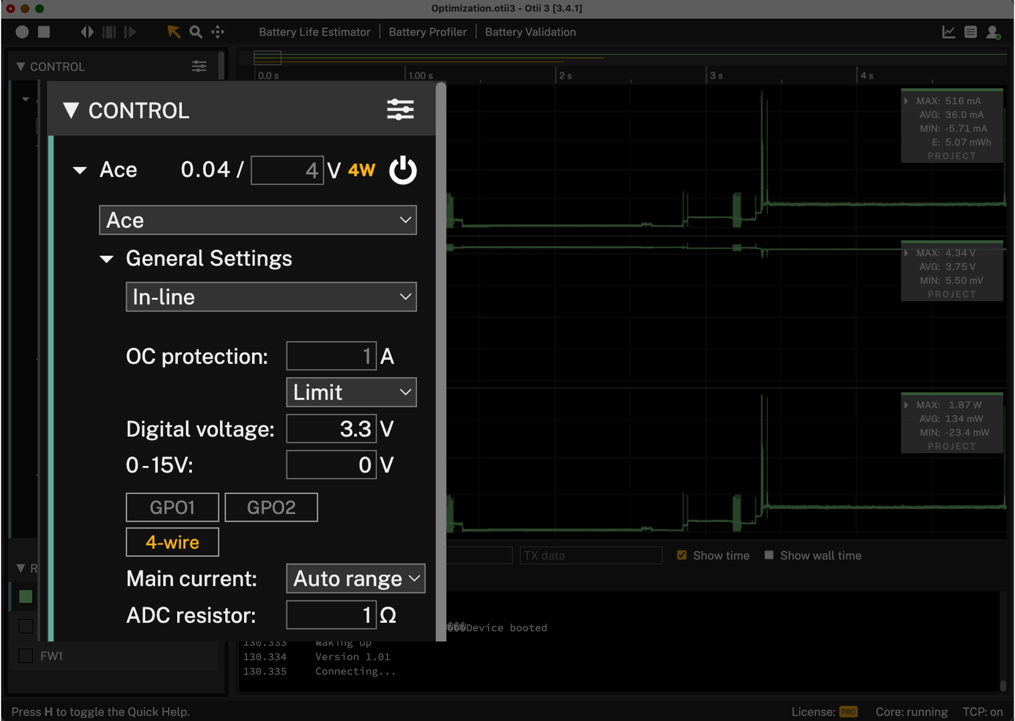 Otii settings inline mode