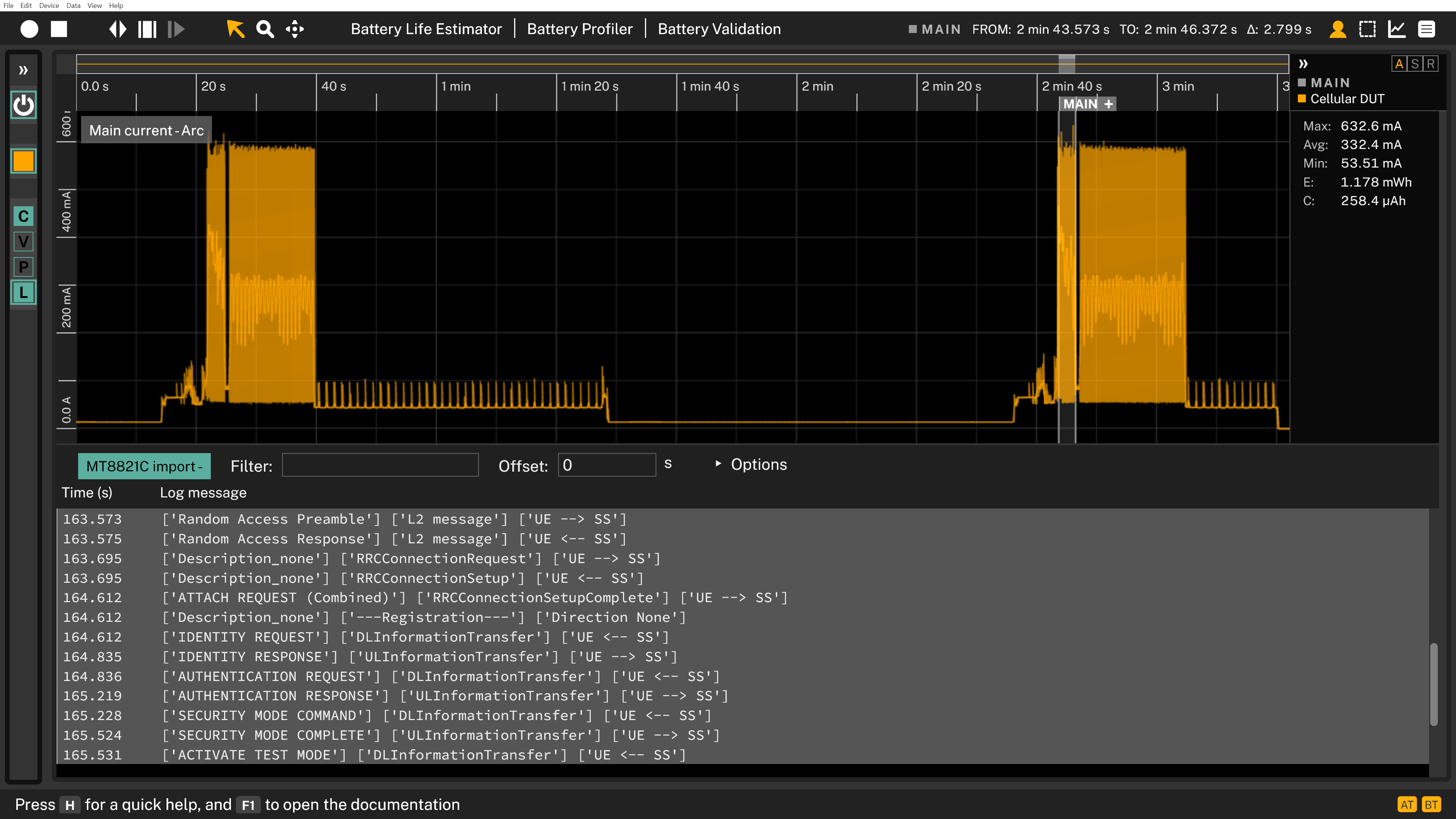 Signalling log from MT8121C synced with power measurements in Otii