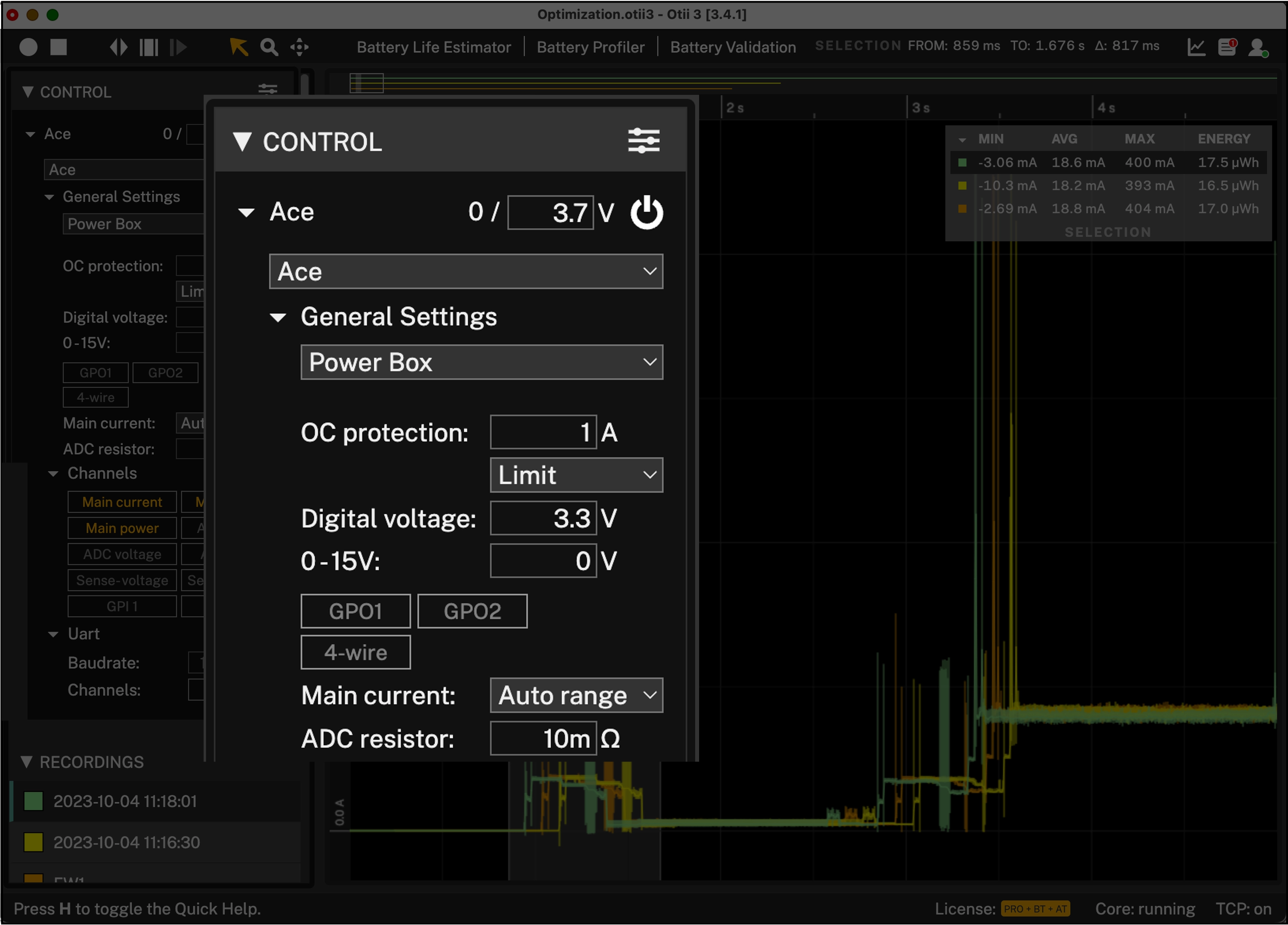 Otii settings for UART