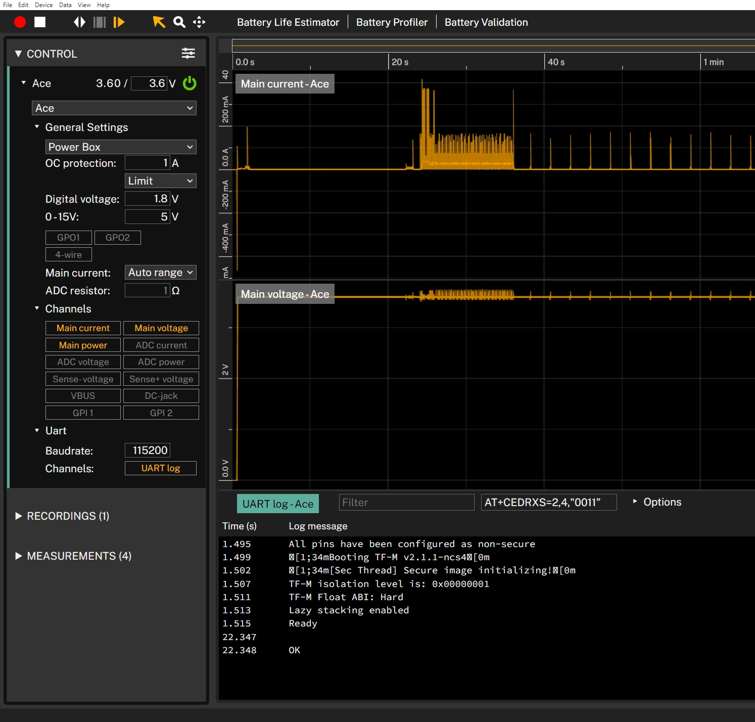 Otii settings for AT commands
