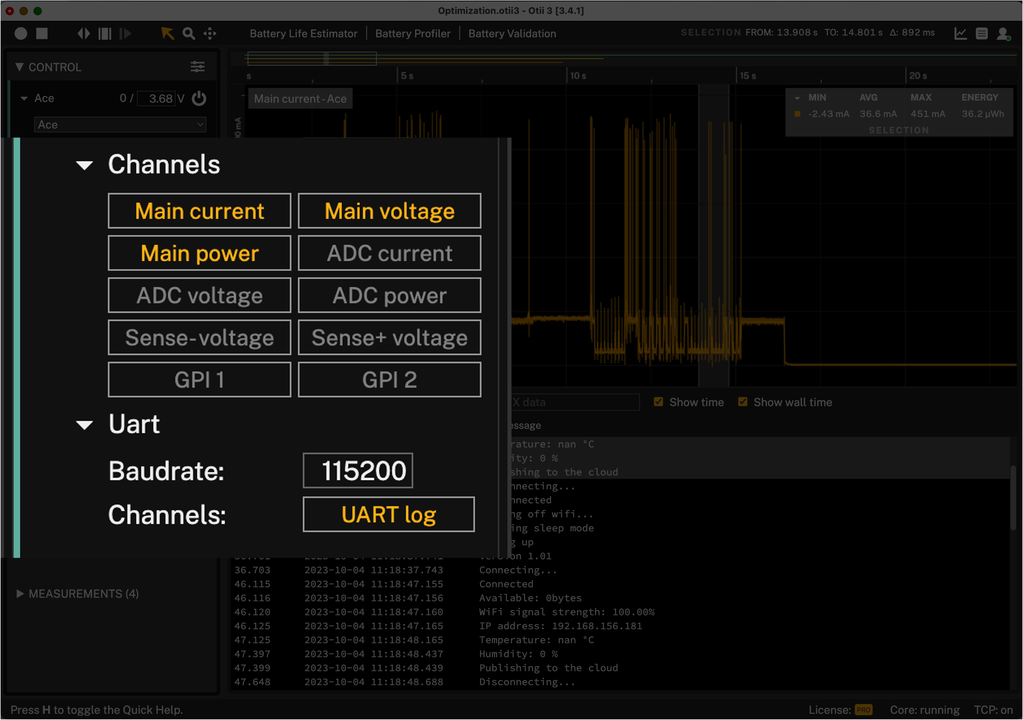 Otii settings Uart